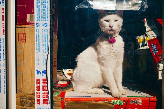 Close-up of cat sitting on table