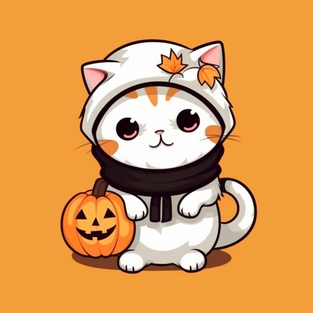 Близкий кадр кошки в костюме Хэллоуина с тыквой в руках