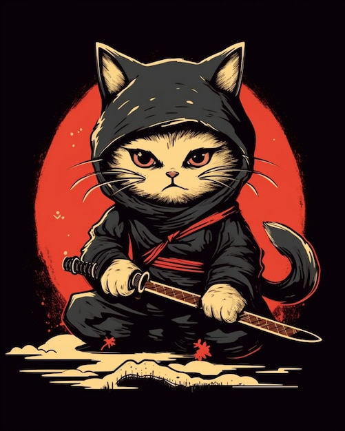 a close up of a cat wearing a ninja outfit holding a sword generative ai