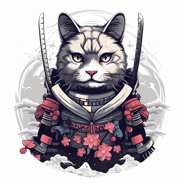 Foto un primo piano di un gatto che indossa un abito da samurai con una spada generativa ai