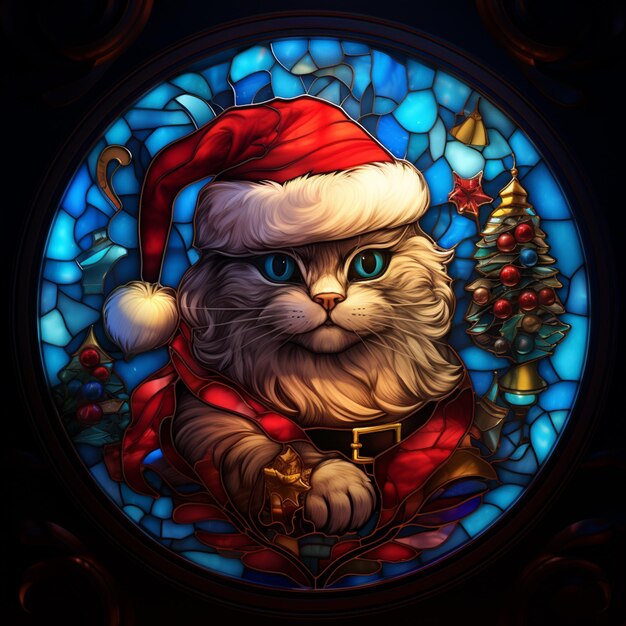 Близкий кадр кошки в шляпе Санта и с рождественской елкой в руках