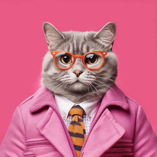 Photo a close up of a cat wearing a suit and sunglasses a pastel portrait of a pink gang