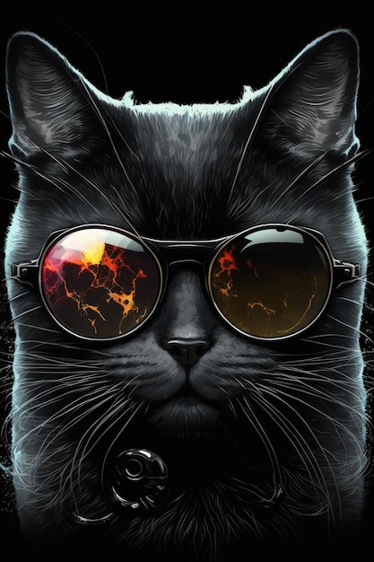 A close up of a cat wearing sunglasses with a black background generative ai