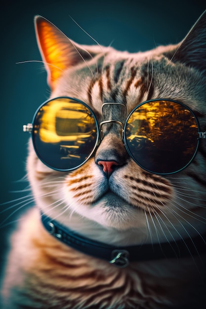 Close up of cat wearing sunglasses with cat's face Generative AI