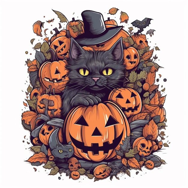 a close up of a cat wearing a top hat surrounded by pumpkins generative ai