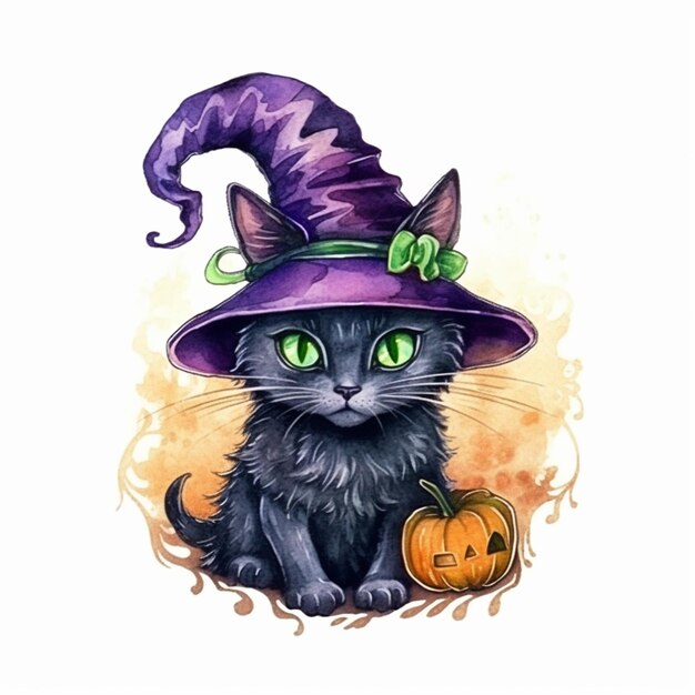 a close up of a cat wearing a witch hat and holding a pumpkin generative ai