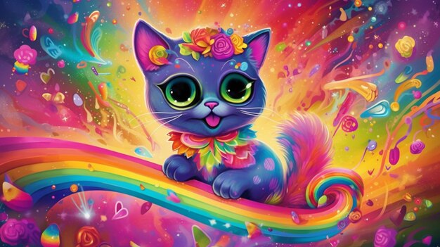 a close up of a cat with a bow and a rainbow generative ai