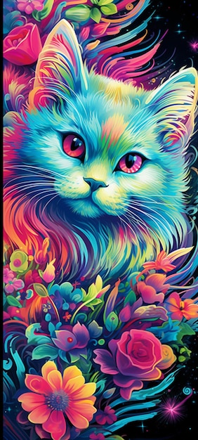 A close up of a cat with colorful flowers on a black background generative ai