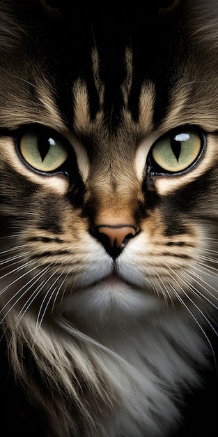 Close up of cat with green eyes and black background generative ai