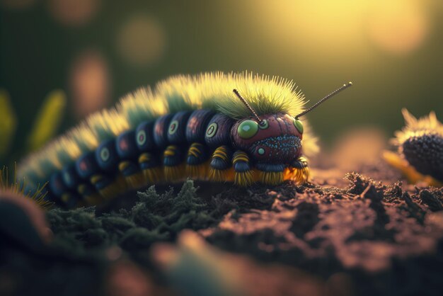 A close up of a caterpillar with a yellow and blue pattern