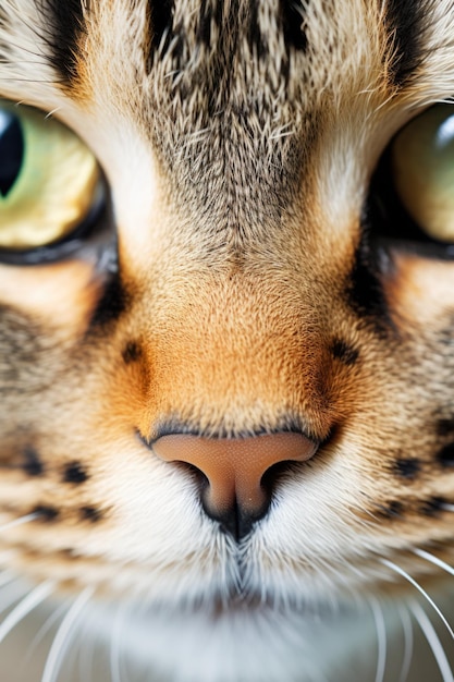A close up of a cats face with green eyes ai