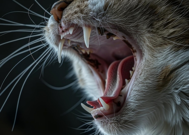 Close up of a cats mouth wide open showing teeth and tongue