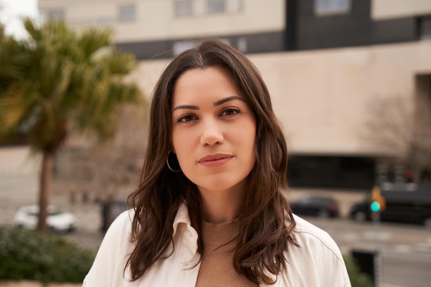 Close up of caucasian woman with calm countenance looking at camera outdoors