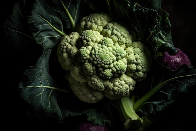 A close up of a cauliflower with a dark background