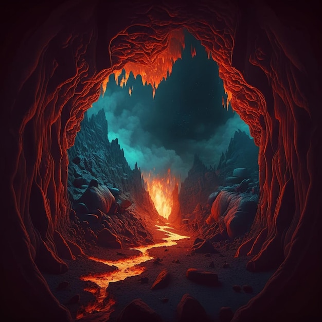 Photo a close up of a cave with a fire inside of it generative ai