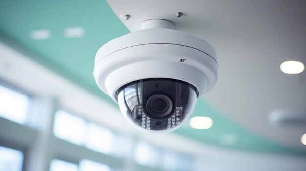 close up of cctv camera over defocused background with copy space