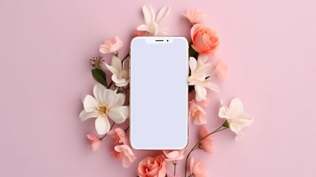 a close up of a cell phone surrounded by flowers on a pink surface generative ai