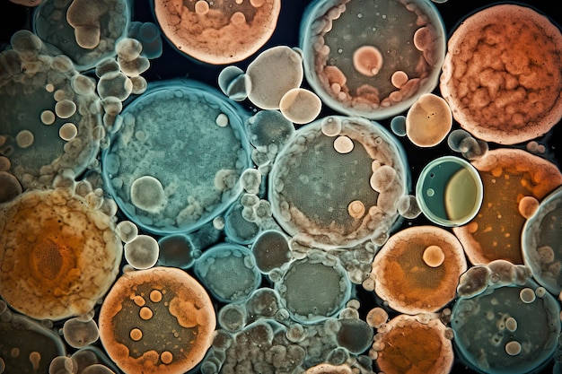 A close up of a cell with a blue and orange color.