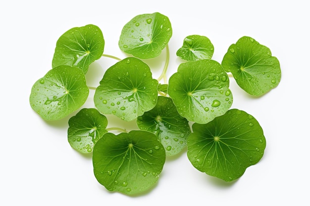 Close up centella asiatica leaves with rain drop isolated on white background top view