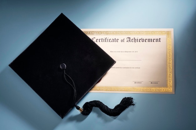 Close up of certificate and mortar board