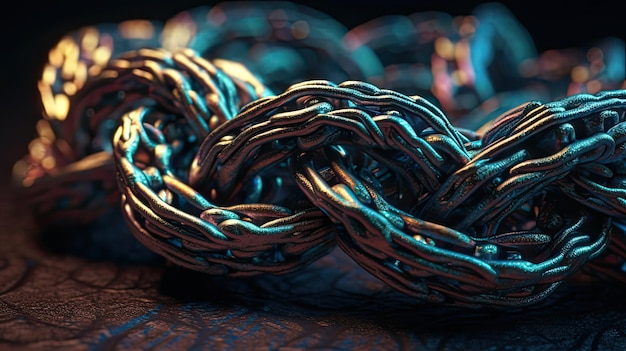 A close up of a chain with blue and green colors