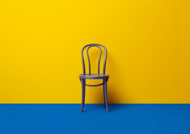 A close up of a chair against a yellow wall with a blue floor generative ai