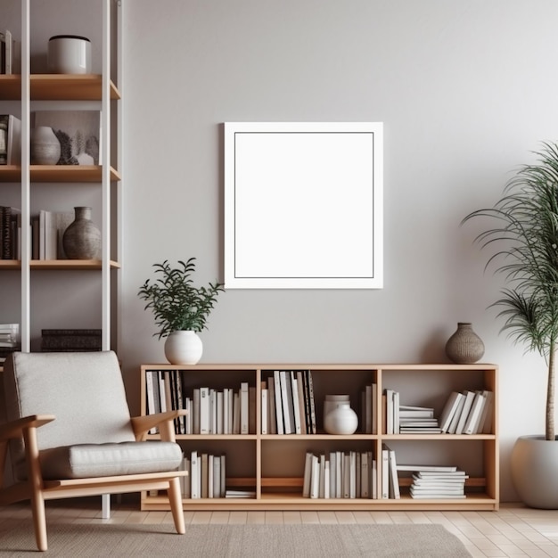 A close up of a chair in a room with a book shelf generative ai