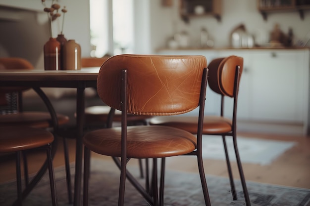 Photo close up of chairs and table in the modern kitchen at home