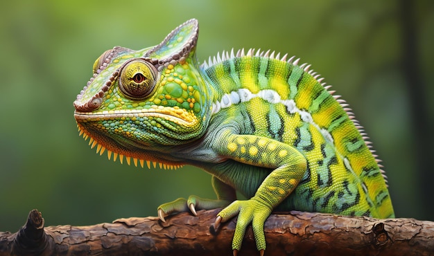 Close up of chameleon on a branch exotic reptile