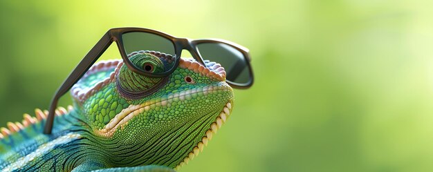 Close up Chameleon wearing sunglasses on a blue color background 3d rendering with copy space