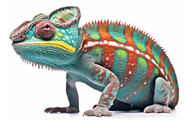 A close up of a chamelon lizard with a white background generative ai