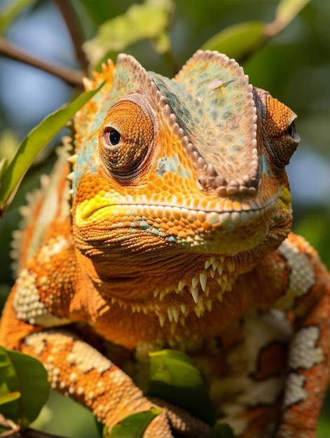 A close up of a chamelon on a tree branch