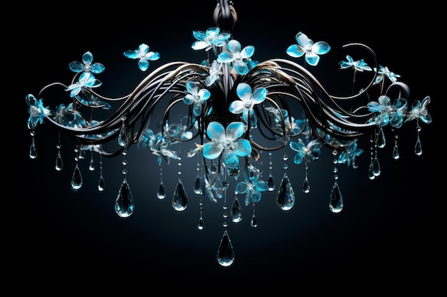 a close up of a chandelier with blue flowers and crystals generative ai