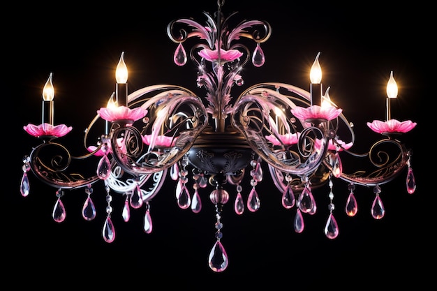 a close up of a chandelier with pink flowers and candles generative ai