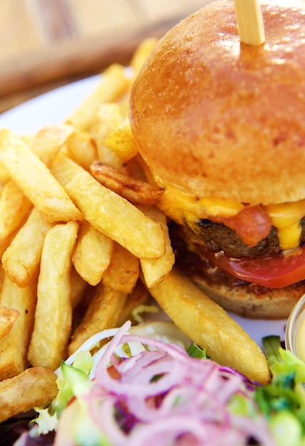 Close up cheese hamburger with fries and a healthy salad