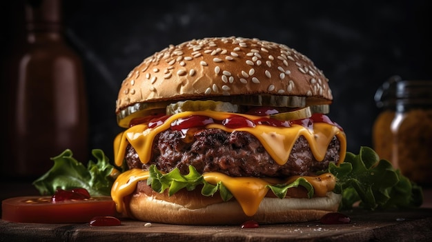 Close-up Cheeseburger op een houten plaat met een onscherpe achtergrond