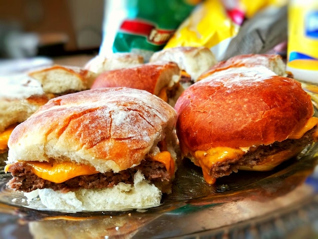 close-up of cheeseburger sliders