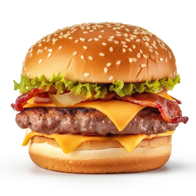 A close up of a cheeseburger with bacon and cheese