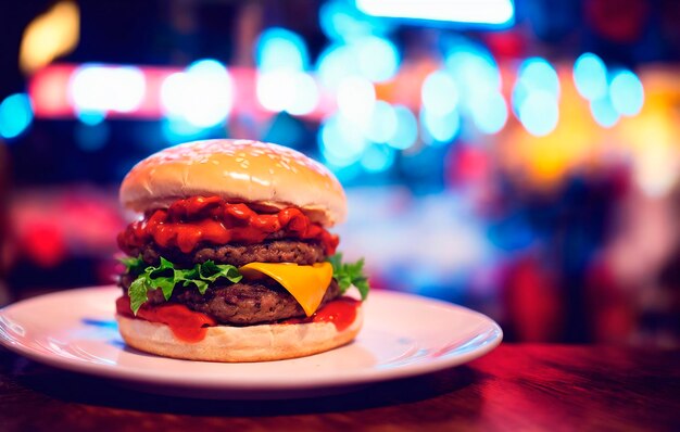 Photo close up of cheeseburger on wooden table in night club