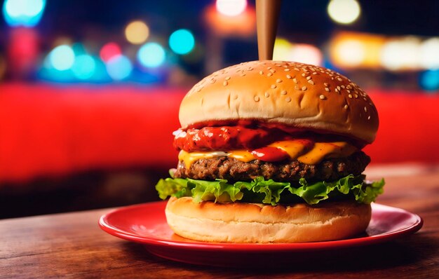 Close up of cheeseburger on wooden table in night club