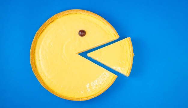 Close-up of cheesecake slice against blue background