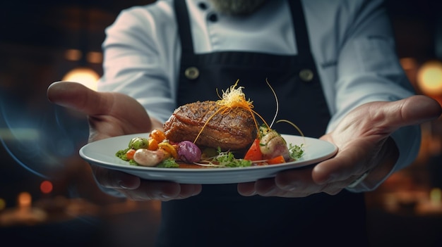 Photo close up chef hands offering special dish