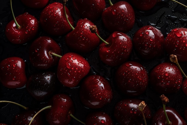 A close up of cherries with rain drops on them