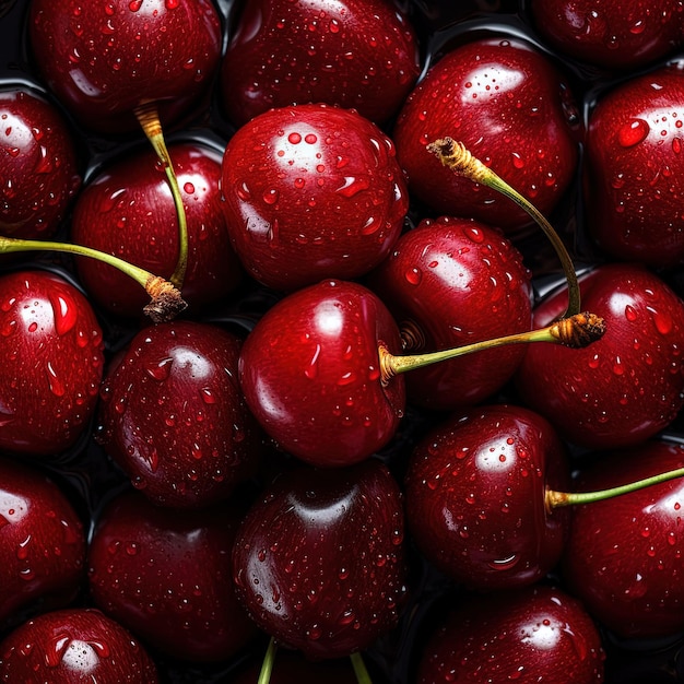 A close up of cherries with water droplets on them