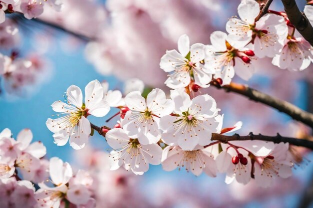 a close up of a cherry blossom tree with the sky in the background