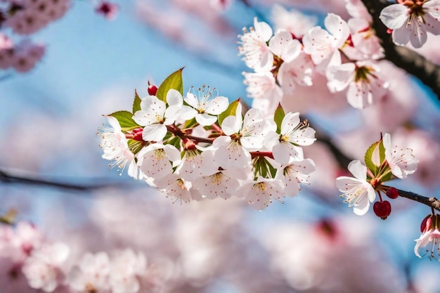 a close up of a cherry blossom tree with the sky in the background