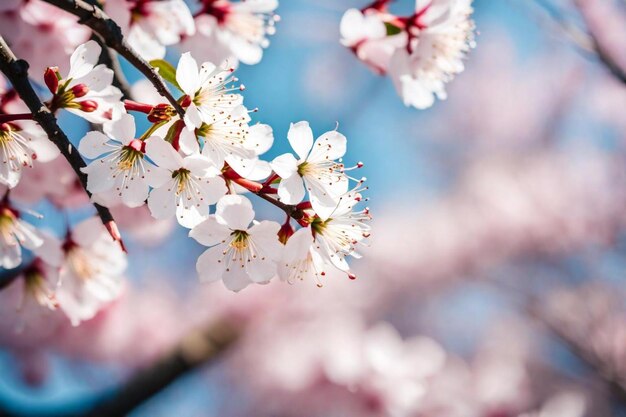 背景に空がある桜の花の木のクローズアップ