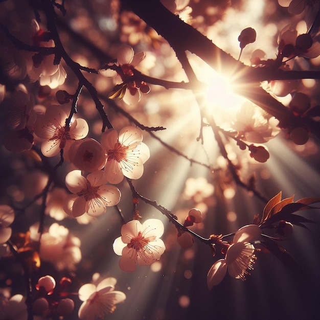 a close up of a cherry blossom tree with the sun shining through the branches