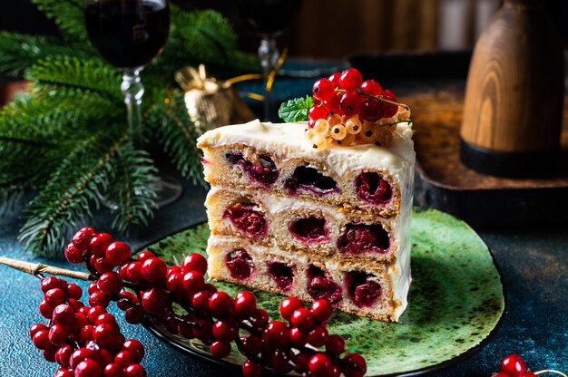 Close up cherry cake on table