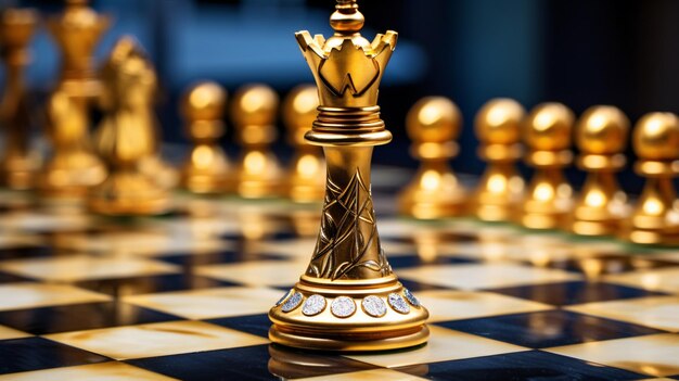 Close up of chess board with gold king on top of it